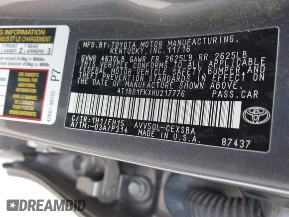 2017 Toyota Camry Hybrid LE with VIN 4T1BD1FKXHU217776, listed as a IAAI auction lot 41932079 with 116,470 mi miles. Bid and sale history available at carsss.com. Image 9.