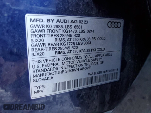 2023 Audi Q7 Premium Plus with VIN WA1LXBF78PD015318, listed as a Copart auction lot 49242945 with 23,027 mi miles and Salvage Title. Bid and sale history available at carsss.com. Image 15.