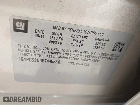 2014 Chevrolet Cruze 1LT with VIN 1G1PC5SB6E7448834, listed as a IAAI auction lot 42582022 with 177,919 mi miles and . Bid and sale history available at DreamBid. Image 9.