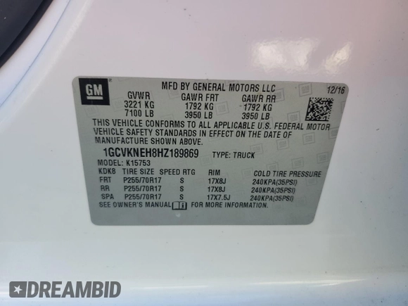 2017 Chevrolet Silverado 1500 Work Truck with VIN 1GCVKNEH8HZ189869, listed as a Copart auction lot 49621585 with 110,956 mi miles and Salvage Title. Bid and sale history available at carsss.com. Image 12.