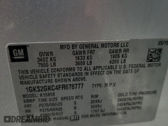 2015 GMC Yukon XL SLE with VIN 1GKS2GKC4FR678777, listed as a Copart auction lot 68642194 with 151,909 mi miles and Salvage Title. Bid and sale history available at carsss.com. Image 14.