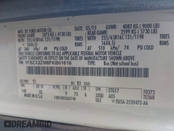 2015 Ford Transit XL с VIN 1FBZX2ZM8FKB01616, выставлен на аукционе IAAI как лот 41678499 с пробегом 126 647 миль миль и . История ставок и продаж доступна на DreamBid. Изображение 9.