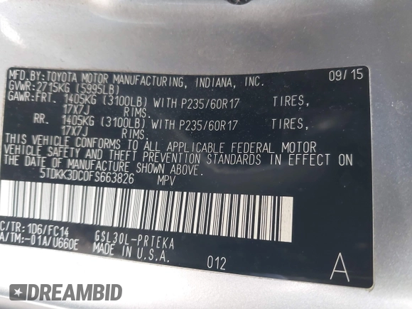 2015 Toyota Sienna LE AAS with VIN 5TDKK3DC0FS663826, listed as a IAAI auction lot 42050229 with 126,971 mi miles and . Bid and sale history available at DreamBid. Image 9.