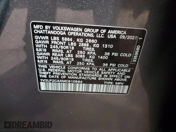 2021 Volkswagen Atlas SE z VIN 1V2LP2CAXMC610564, wystawiony jako Copart lot #56072395 z przebiegiem 64 140 mil mil oraz Tytuł czysty. Historia ofert i sprzedaży dostępna na DreamBid. Obrazek 13.