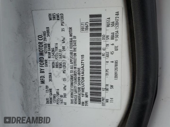 2010 Ford Explorer with VIN 1FMEU7D81AUA37115, listed as a Copart auction lot 43619325 with 159,683 mi miles and Clean title. Bid and sale history available at DreamBid. Image 13.