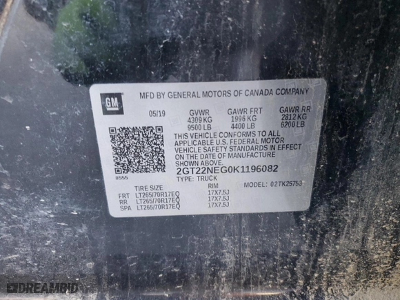 2019 GMC Sierra 2500HD with VIN 2GT22NEG0K1196082, listed as a Copart auction lot 87190304 with 0 mi miles and Salvage Title. Bid and sale history available at carsss.com. Image 12.