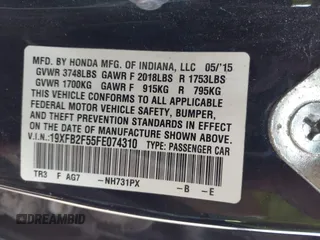 2015 Honda Civic LX with VIN 19XFB2F55FE074310, listed as a IAAI auction lot 42070495 with 141,943 mi miles and . Bid and sale history available at DreamBid. Image 9.