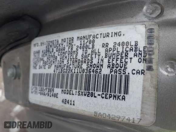 2001 Toyota Camry CE with VIN 4T1BG22K11U036462, listed as a IAAI auction lot 41606683 with 217,077 mi miles and . Bid and sale history available at DreamBid. Image 9.