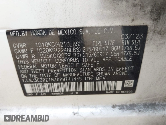 2023 Honda HR-V LX with VIN 3CZRZ1H30PM741445, listed as a IAAI auction lot 42055813 with 102,227 mi miles and . Bid and sale history available at DreamBid. Image 9.