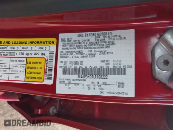 2020 Ford Fusion SE with VIN 3FA6P0HD9LR108222, listed as a IAAI auction lot 41829520 with 82,044 mi miles. Bid and sale history available at carsss.com. Image 9.