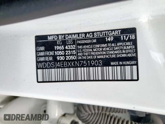 2019 Mercedes-Benz CLA 250 with VIN WDDSJ4EBXKN751903, listed as a Copart auction lot 59183915 with 71,604 mi miles and Salvage title. Bid and sale history available at DreamBid. Image 12.