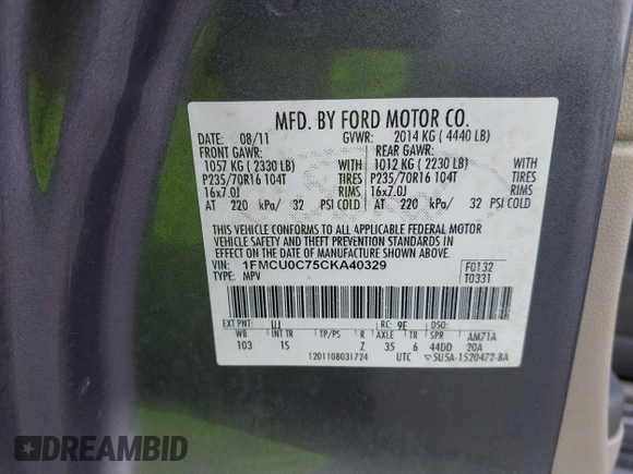 2012 Ford Escape XLS with VIN 1FMCU0C75CKA40329, listed as a IAAI auction lot 42494805 with 223,218 mi miles and . Bid and sale history available at DreamBid. Image 9.