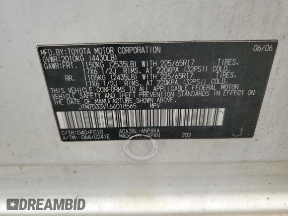 2006 Toyota RAV4 with VIN JTMZD33V166018565, listed as a Copart auction lot 53813905 with 280,990 mi miles and Clean Title. Bid and sale history available at DreamBid. Image 13.