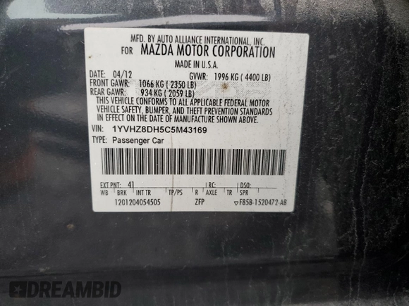 2012 Mazda 6 i Touring with VIN 1YVHZ8DH5C5M43169, listed as a Copart auction lot 57073615 with 198,408 mi miles and Non repairable. Bid and sale history available at DreamBid. Image 12.