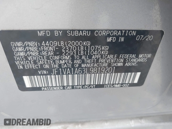 2020 Subaru WRX with VIN JF1VA1A63L9819201, listed as a IAAI auction lot 41958104 with 49,458 mi miles and . Bid and sale history available at DreamBid. Image 9.