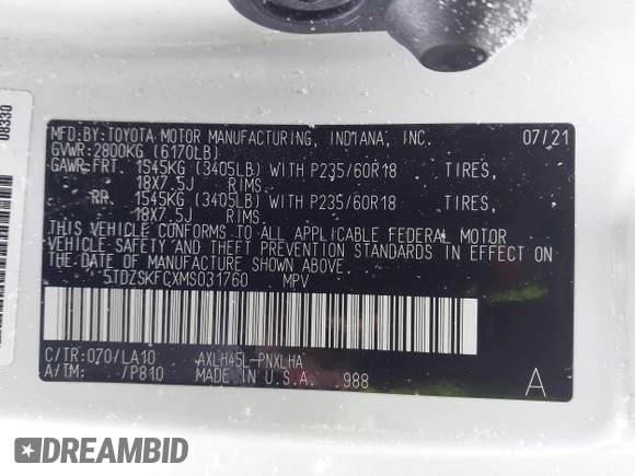 2021 Toyota Sienna Limited with VIN 5TDZSKFCXMS031760, listed as a IAAI auction lot 41294945 with 68,804 mi miles and . Bid and sale history available at DreamBid. Image 9.