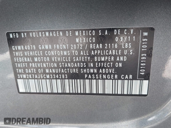 2012 Volkswagen Jetta S with VIN 3VW2K7AJ5CM334283, listed as a IAAI auction lot 42677509 with 161,576 mi miles and . Bid and sale history available at DreamBid. Image 9.