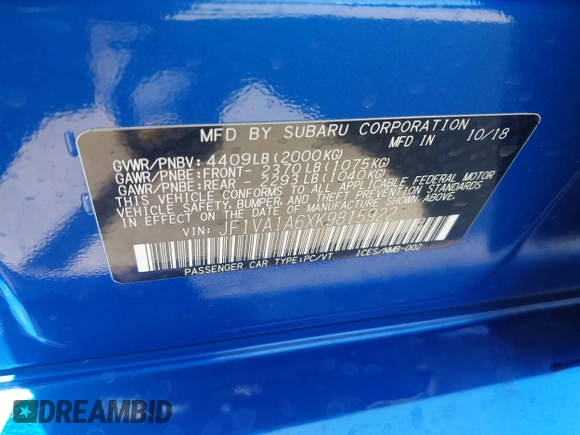 2019 Subaru WRX with VIN JF1VA1A6XK9815922, listed as a IAAI auction lot 42576804 with Not provided miles and . Bid and sale history available at DreamBid. Image 9.