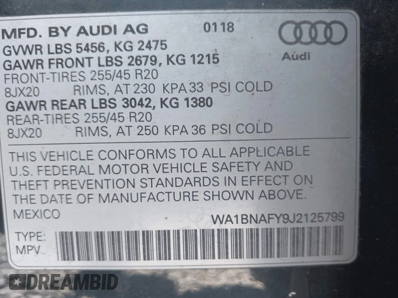 2018 Audi Q5 Premium Plus with VIN WA1BNAFY9J2125799, listed as a IAAI auction lot 42035992 with 59,403 mi miles. Bid and sale history available at carsss.com. Image 9.