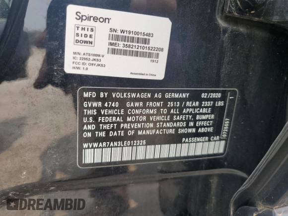 2020 Volkswagen Arteon SE with VIN WVWAR7AN3LE012325, listed as a Copart auction lot 58719135 with 44,144 mi miles and Salvage title. Bid and sale history available at DreamBid. Image 12.