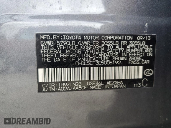 2014 Lexus LS 460 L with VIN JTHDL5EF3E5006192, listed as a Copart auction lot 58060605 with Not provided miles and Clean title. Bid and sale history available at DreamBid. Image 12.