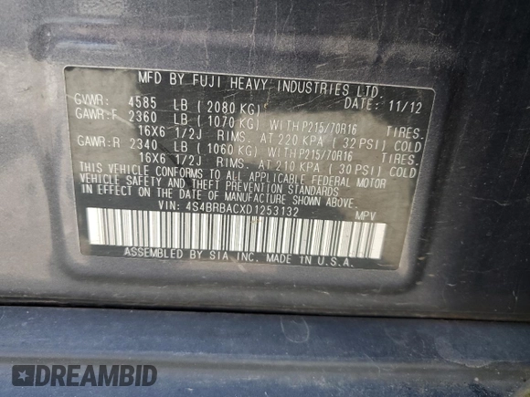 2013 Subaru Outback 2.5i with VIN 4S4BRBACXD1253132, listed as a Copart auction lot 65432115 with 137,518 mi miles and Clean title. Bid and sale history available at DreamBid. Image 13.