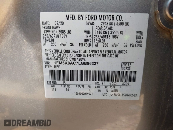 2020 Ford Police Interceptor z VIN 1FM5K8AC7LGB86327, wystawiony jako IAAI lot #42385569 z przebiegiem 87 835 mil mil oraz . Historia ofert i sprzedaży dostępna na DreamBid. Obrazek 9.