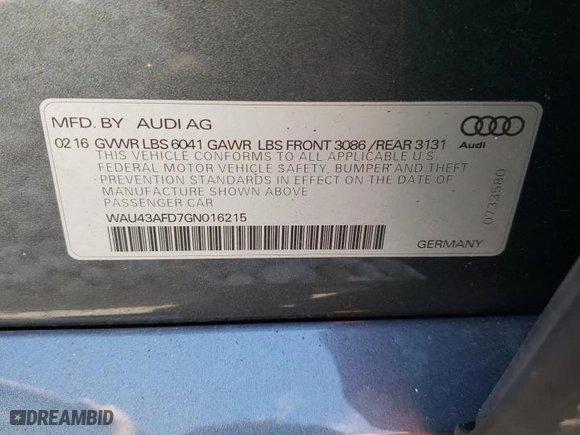 2016 Audi A8 L 4.0T Sport with VIN WAU43AFD7GN016215, listed as a Copart auction lot 76303204 with 79,098 mi miles and Salvage Title. Bid and sale history available at carsss.com. Image 12.
