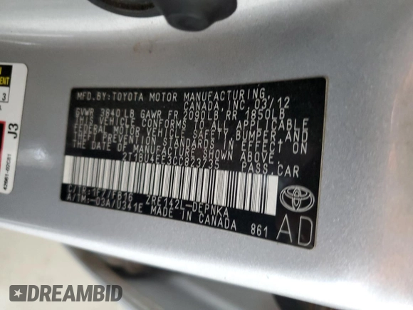 2012 Toyota Corolla L with VIN 2T1BU4EE3CC823735, listed as a Copart auction lot 47657035 with 156,283 mi miles and Non Repairable. Bid and sale history available at DreamBid. Image 12.