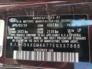 2014 Kia Optima LX with VIN 5XXGM4A77EG337888, listed as a Copart auction lot 60533632 with 86,740 mi miles and Salvage Title. Bid and sale history available at carsss.com. Image 10.
