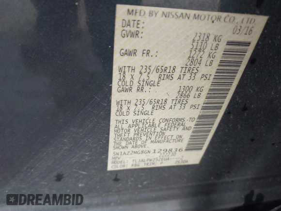 2016 Nissan Murano Platinum with VIN 5N1AZ2MG8GN129836, listed as a IAAI auction lot 41590271 with 118,214 mi miles and . Bid and sale history available at carsss.com. Image 9.