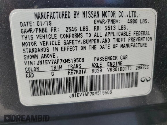 2019 Infiniti Q50 Luxe z VIN JN1EV7AP7KM519508, wystawiony jako Copart lot #53206555 z przebiegiem 88 415 mil mil oraz Nie do naprawy • Non repairable. Historia ofert i sprzedaży dostępna na DreamBid. Obrazek 12.