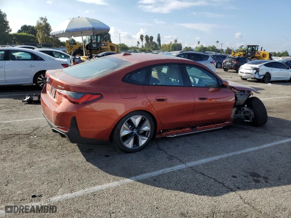 2023 BMW i4 eDrive35 with VIN WBY43AW04PFP72058, listed as a Copart auction lot 75542073 with 449 mi miles. Bid and sale history available at carsss.com. Image 3.
