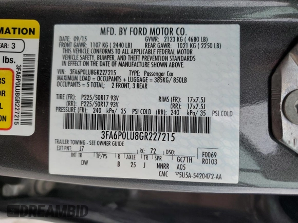 2016 Ford Fusion SE Hybrid с VIN 3FA6P0LU8GR227215, выставлен на аукционе Copart как лот 62669895 с пробегом 249 837 миль миль и Списание • Salvage title. История ставок и продаж доступна на DreamBid. Изображение 12.