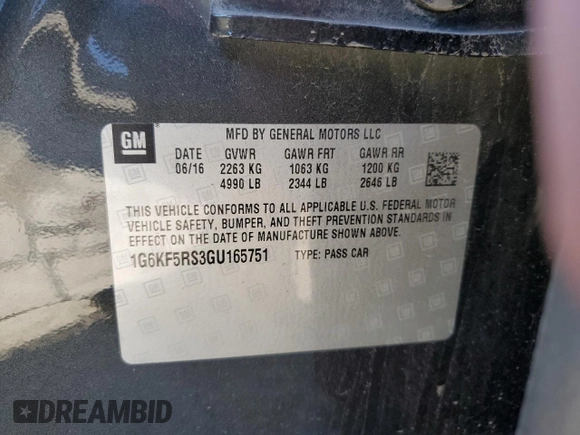 2016 Cadillac CT6 Premium Luxury AWD with VIN 1G6KF5RS3GU165751, listed as a Copart auction lot 80274884 with 99,264 mi miles and Clean Title. Bid and sale history available at DreamBid. Image 12.