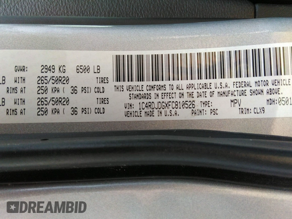 2015 Dodge Durango Limited with VIN 1C4RDJDGXFC810526, listed as a IAAI auction lot 42717037 with 158,160 mi miles and . Bid and sale history available at DreamBid. Image 9.