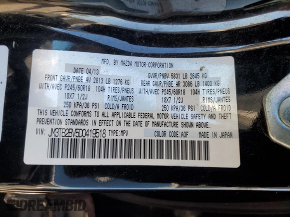 2013 Mazda CX-9 Sport with VIN JM3TB2BV5D0419518, listed as a Copart auction lot 62124655 with 167,691 mi miles and Salvage title. Bid and sale history available at DreamBid. Image 13.
