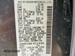 2006 Nissan Frontier SE with VIN 1N6AD07U66C422490, listed as a Copart auction lot 64691415 with Not provided miles and Salvage title. Bid and sale history available at DreamBid. Image 12.