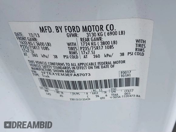 2014 Ford F-150 XL with VIN 1FTEX1EM3EFA57073, listed as a IAAI auction lot 41827139 with 178,970 mi miles and . Bid and sale history available at carsss.com. Image 9.
