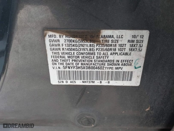 2013 Honda Pilot EX-L with VIN 5FNYF3H5XDB004602, listed as a IAAI auction lot 41625196 with 179,626 mi miles. Bid and sale history available at carsss.com. Image 9.