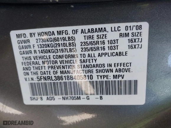2008 Honda Odyssey EX-L with VIN 5FNRL38618B405810, listed as a IAAI auction lot 41660301 with NaN miles. Bid and sale history available at carsss.com. Image 9.