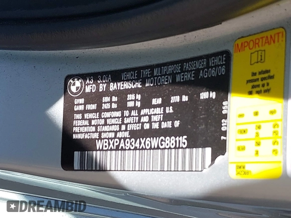 2006 BMW X3 3.0i with VIN WBXPA934X6WG88115, listed as a IAAI auction lot 42243103 with 182,756 mi miles and . Bid and sale history available at DreamBid. Image 9.