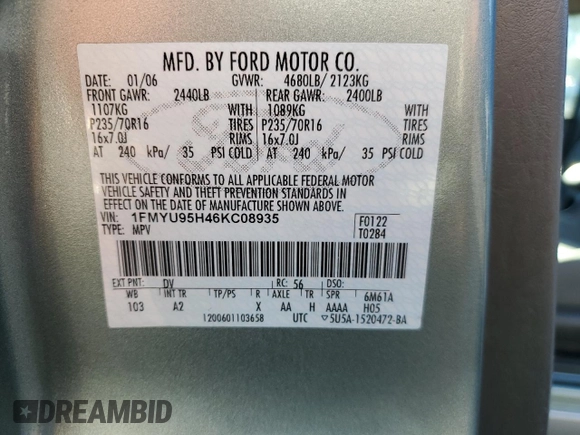 2006 Ford Escape with VIN 1FMYU95H46KC08935, listed as a Copart auction lot 69619154 with 120,119 mi miles and Salvage title. Bid and sale history available at DreamBid. Image 13.