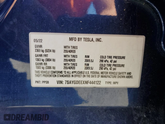 2022 Tesla Model Y Long Range z VIN 7SAYGDEEXNF444122, wystawiony jako Copart lot #54344735 z przebiegiem 33 230 mil mil oraz Szkody całkowita. Historia ofert i sprzedaży dostępna na DreamBid. Obrazek 12.