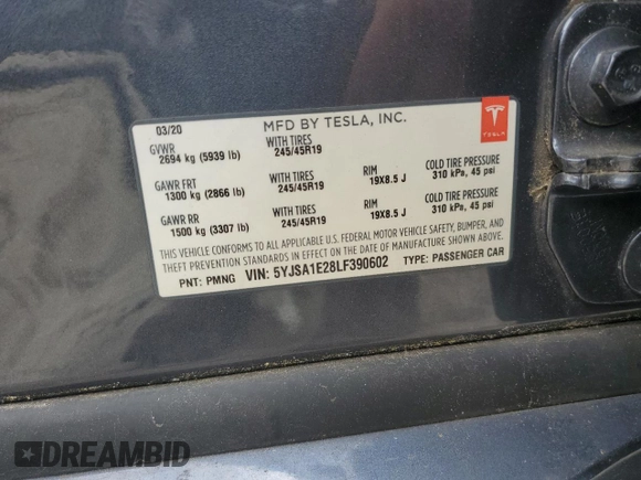 2020 Tesla Model S Long Range с VIN 5YJSA1E28LF390602, выставлен на аукционе Copart как лот 63778115 с пробегом 39 802 миль миль и Списание • Salvage title. История ставок и продаж доступна на DreamBid. Изображение 13.