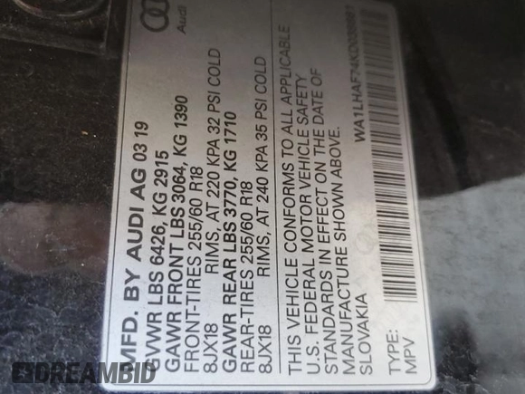 2019 Audi Q7 Premium Plus with VIN WA1LHAF74KD038661, listed as a Copart auction lot 63189585 with 60,668 mi miles and Salvage title. Bid and sale history available at DreamBid. Image 12.