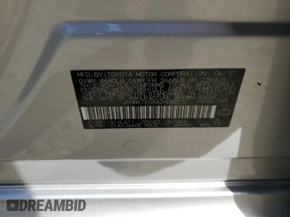 2010 Lexus ES 330 with VIN JTHBK1EGXA2406015, listed as a Copart auction lot 53801365 with 186,200 mi miles and Salvage Title. Bid and sale history available at DreamBid. Image 12.
