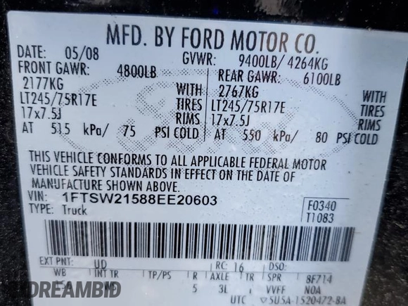 2008 Ford Super Duty F-250 SRW XL with VIN 1FTSW21588EE20603, listed as a Copart auction lot 52768015 with 99,125 mi miles and Salvage Title. Bid and sale history available at carsss.com. Image 12.