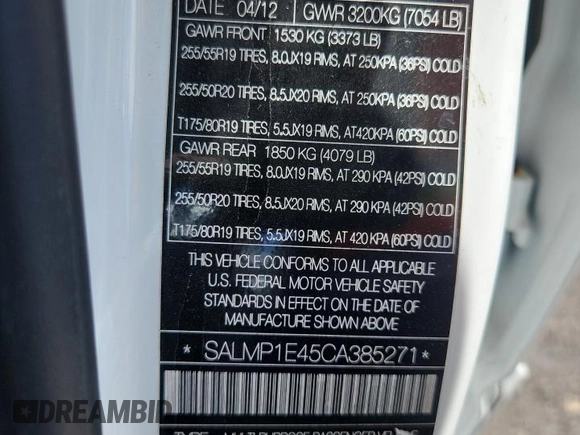 2012 Land Rover Range Rover SC Autobiography with VIN SALMP1E45CA385271, listed as a Copart auction lot 54558125 with 93,103 mi miles and Salvage title. Bid and sale history available at DreamBid. Image 13.