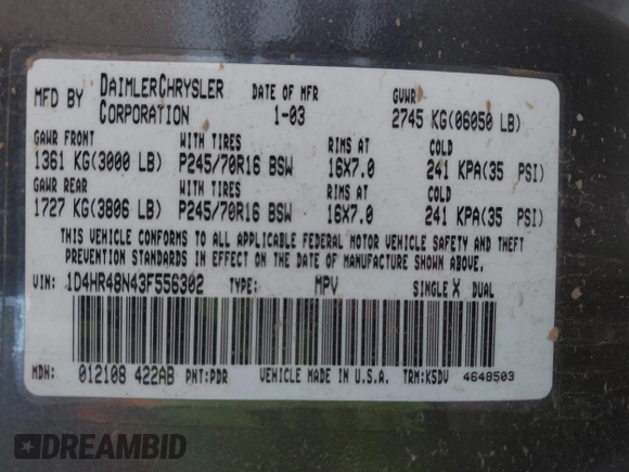 2003 Dodge Durango SLT с VIN 1D4HR48N43F556302, выставлен на аукционе IAAI как лот 42563635 с пробегом Не указан миль и . История ставок и продаж доступна на DreamBid. Изображение 9.